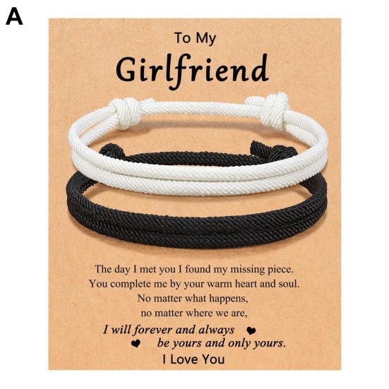 2Pcs Black White Adjustable Couple Rope Bracelet Handwoven Friendship Wristbands Birthday Gift