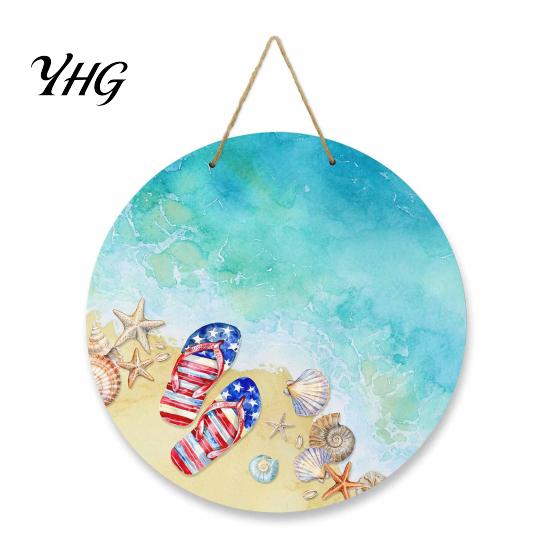 Holiday House Ornament Round Wooden Door Hanger, Watercolor Beach Welcome Sign, Hello Sunshine Decorative Sign Please Wall Plaque for Summer