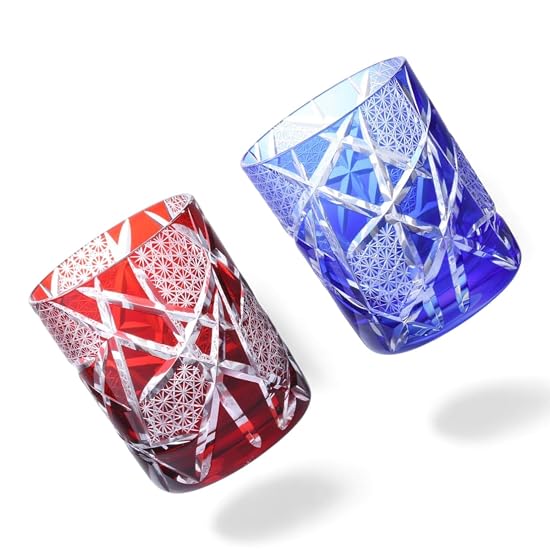 Takumibifu Dinner Luxe Kiriko Pair Glass Cup Rock Glass 70xH90mm 210cc Ranbori Komon Red & Blue Kog