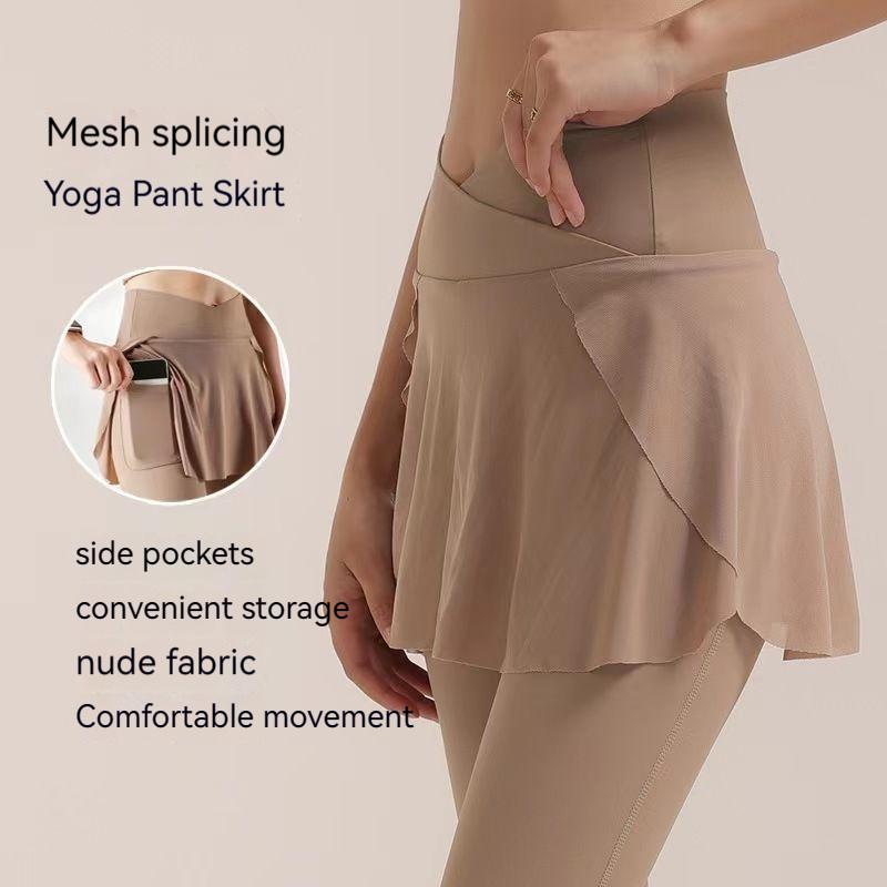 Поддельные двухсекционные суперэластичные сетчатые юбки для йоги, брюки с высокой талией, закрывающие бедра, танцевальные брюки для фитнеса