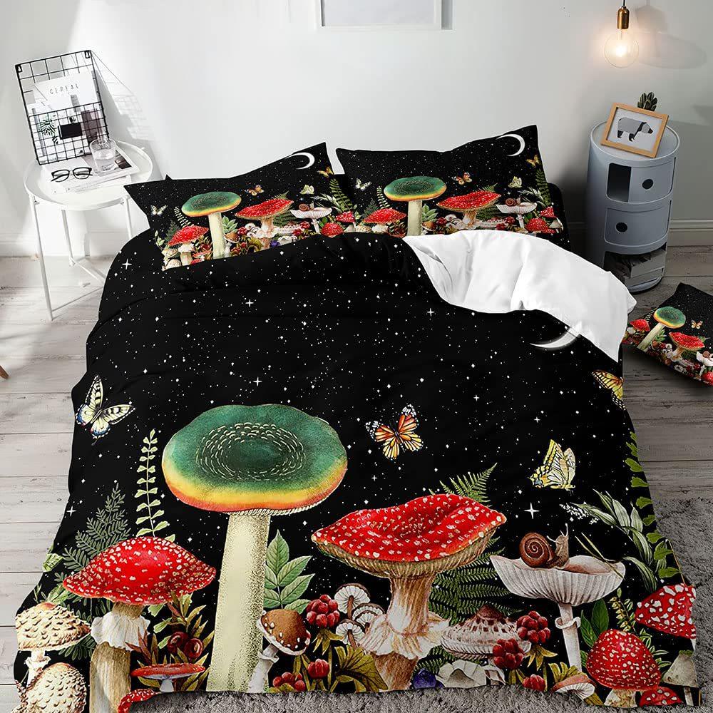 Red Mushroom Three-piece Quilt Cover 3D Digital Printing Bedding Set Green Plant Plant Fungus Bed Cover