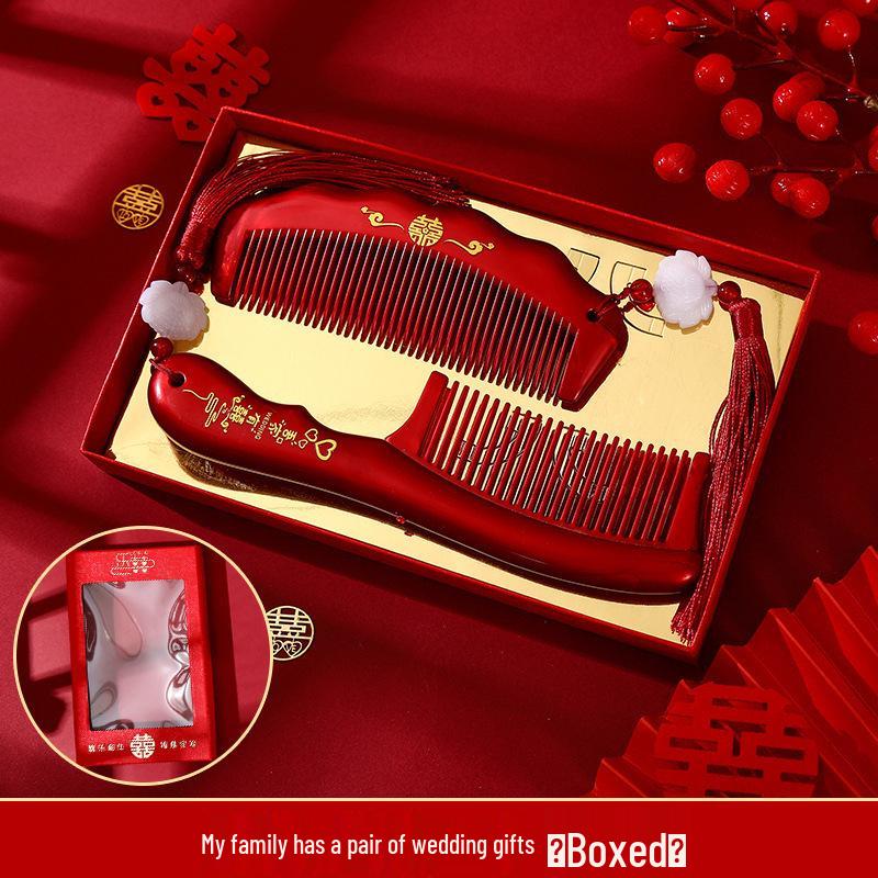 Бордовый Деревянный Свадебный Набор Расчесок с Зеркалом - Подарочная Коробка для Приданого Невесты