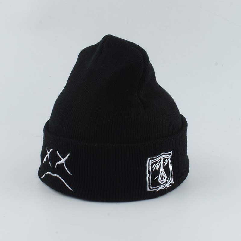 Шапка-бини с грустным лицом и вышивкой, женская осенне-зимняя вязаная шапка Skullies, теплая лыжная кепка в стиле хип-хоп, повседневная однотонная уличная шапка