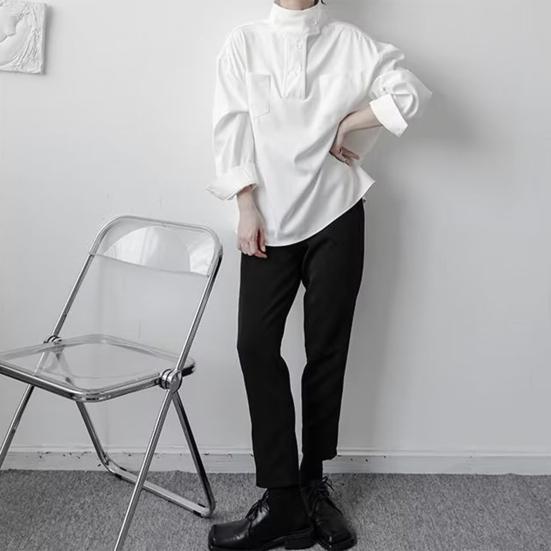 Женская рубашка с полувысоким воротником, пуговицами, полузастежкой, длинным рукавом, с карманами, однотонная свободная посадка, топы-пуловеры