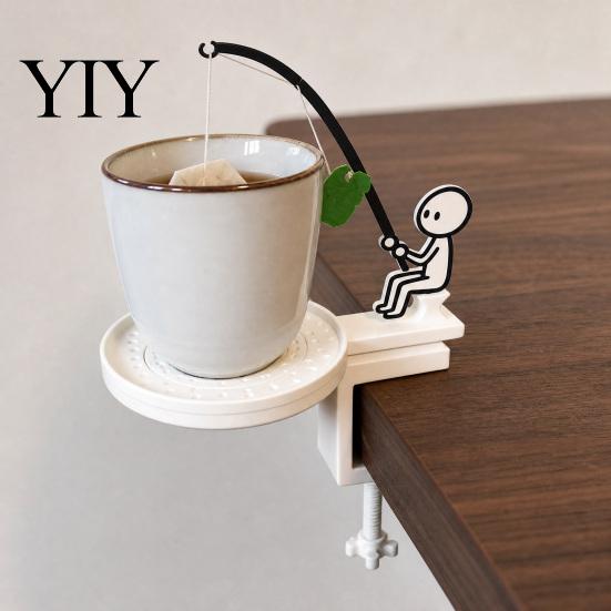 Tea Bag Holder for Glass Cup Fishing Man with Coaster, Cute Stick Figure Minimalist Anti-drip Coaster Holder, Funny Desk Drip Catcher, Novelty