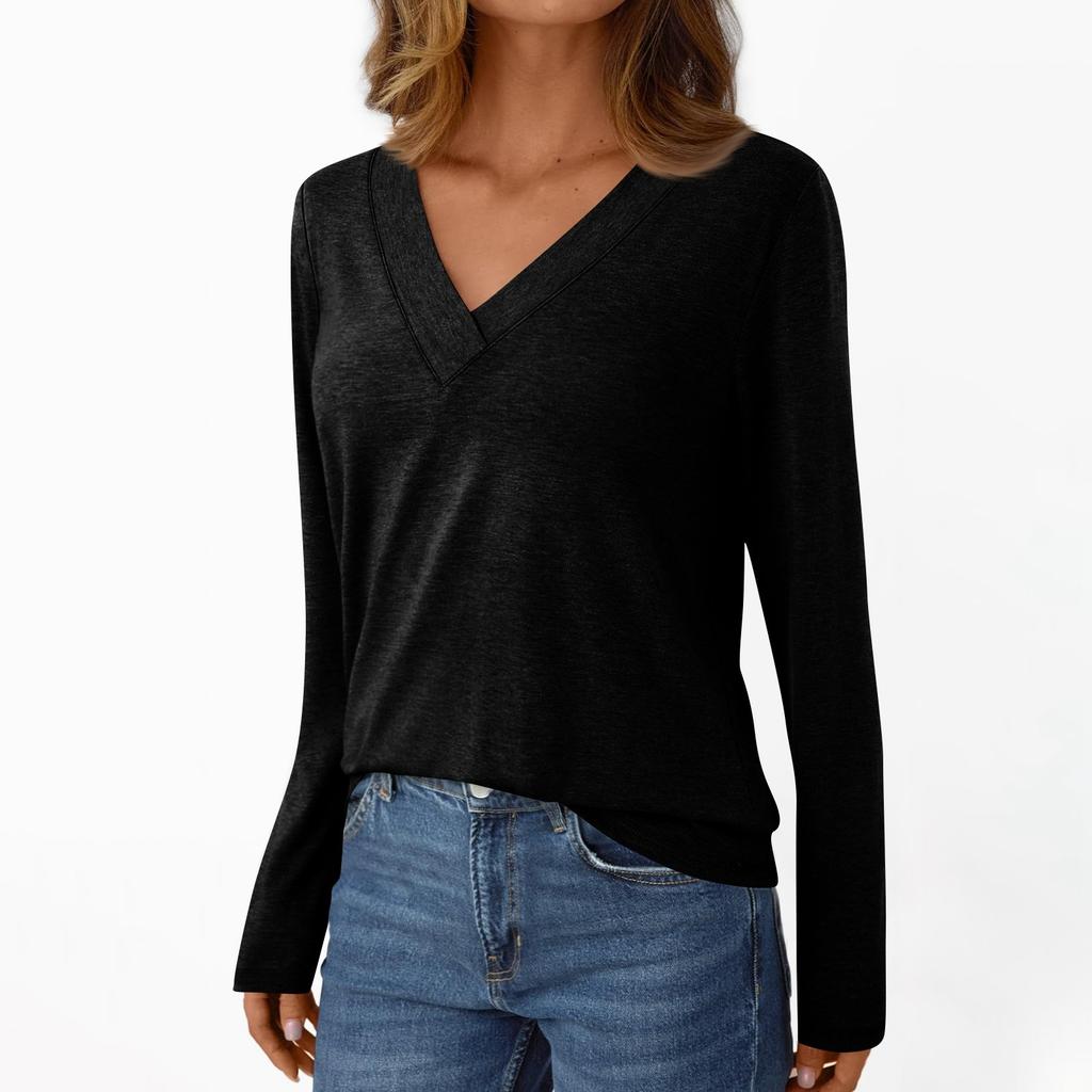 Женская повседневная модная футболка с длинными рукавами и V-образным вырезом, однотонная, с начесом