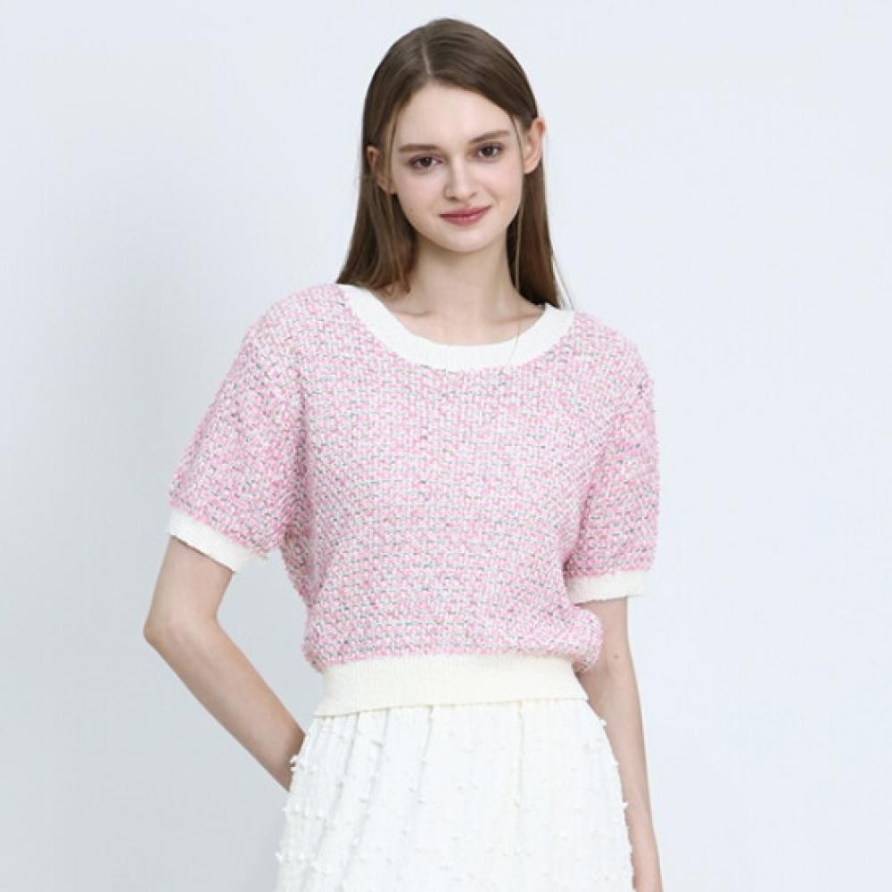 Ozoc Short Sleeve Tweed Round Neck Sweater