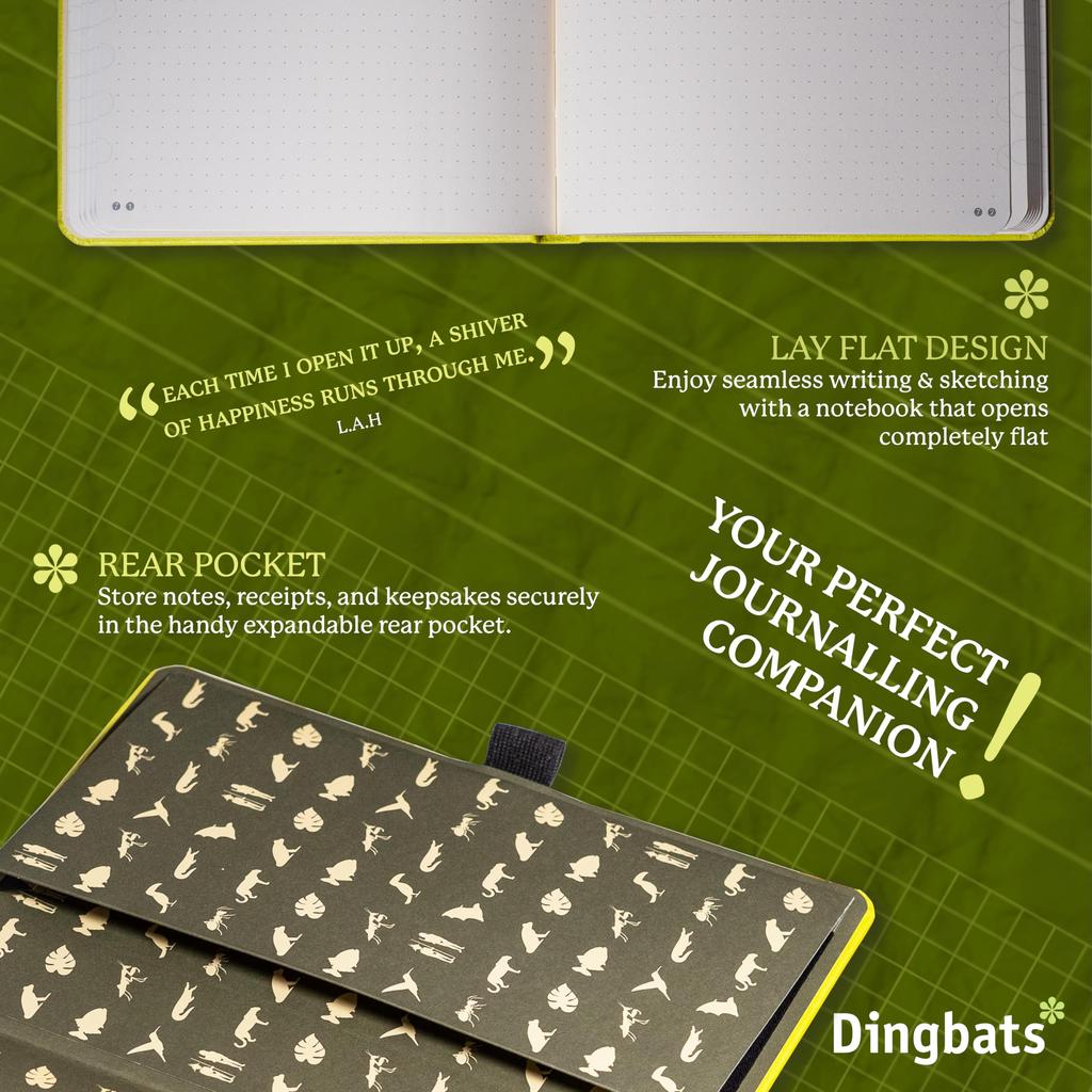 Дингбаты - Блокнот A5 Medium Earth Dot, Лайм Ясуни - Твердый переплет - Кремовая бумага 100 г/м² с защитой от чернил - Нумерованные страницы, страницы для индекса и ключа (земной шар)