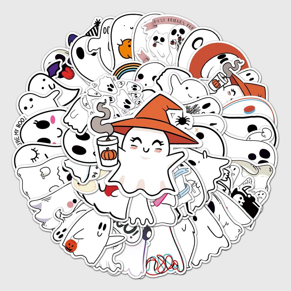 50 Cute Ghost Graffiti Stickers for Halloween Decoration: Perfect for Skateboards, Notebooks, Water Bottles, and Suitcases