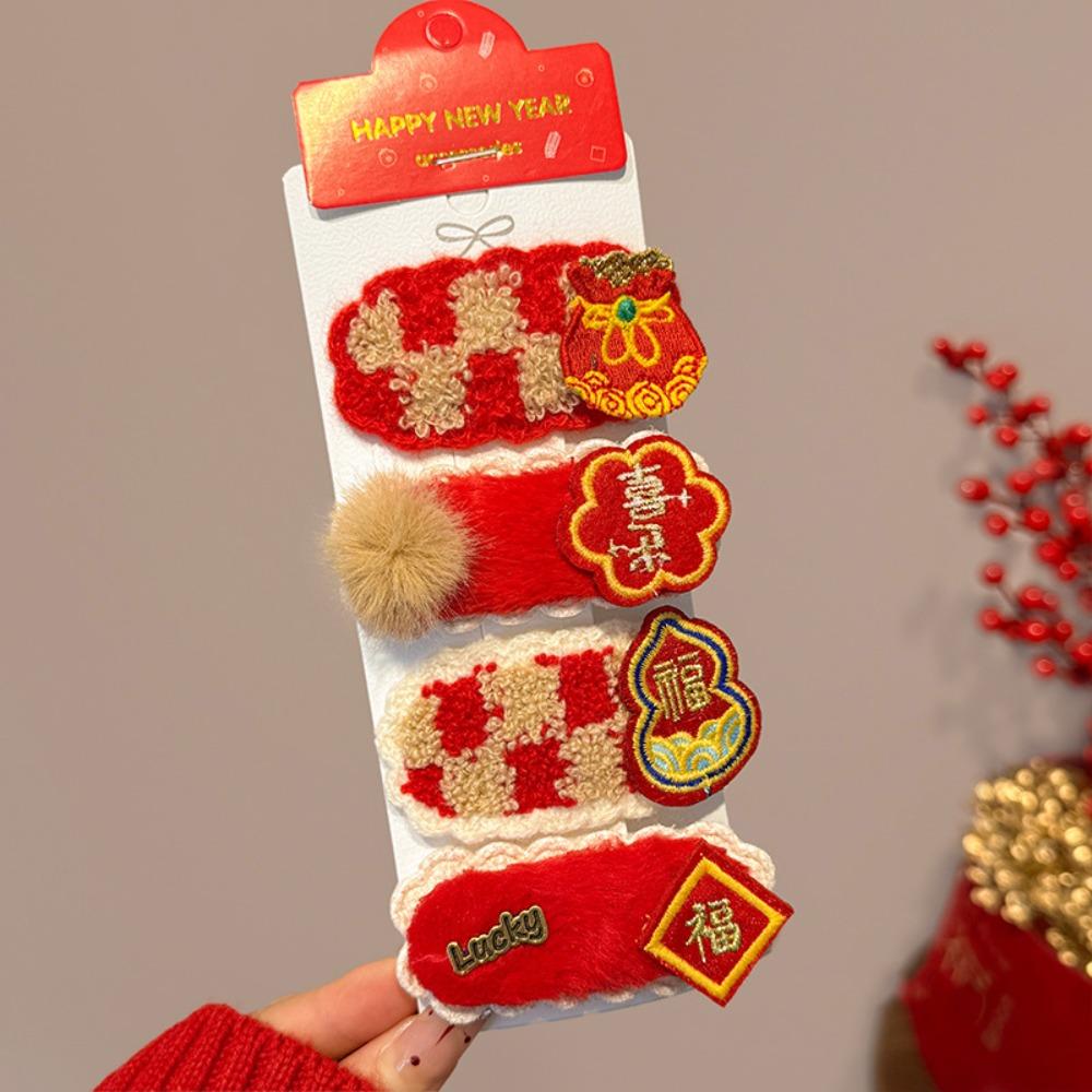 Plush Character Fortune Hairpin Lucky Chinese New Year Barrettes Fashion Red Hair Clips Gift