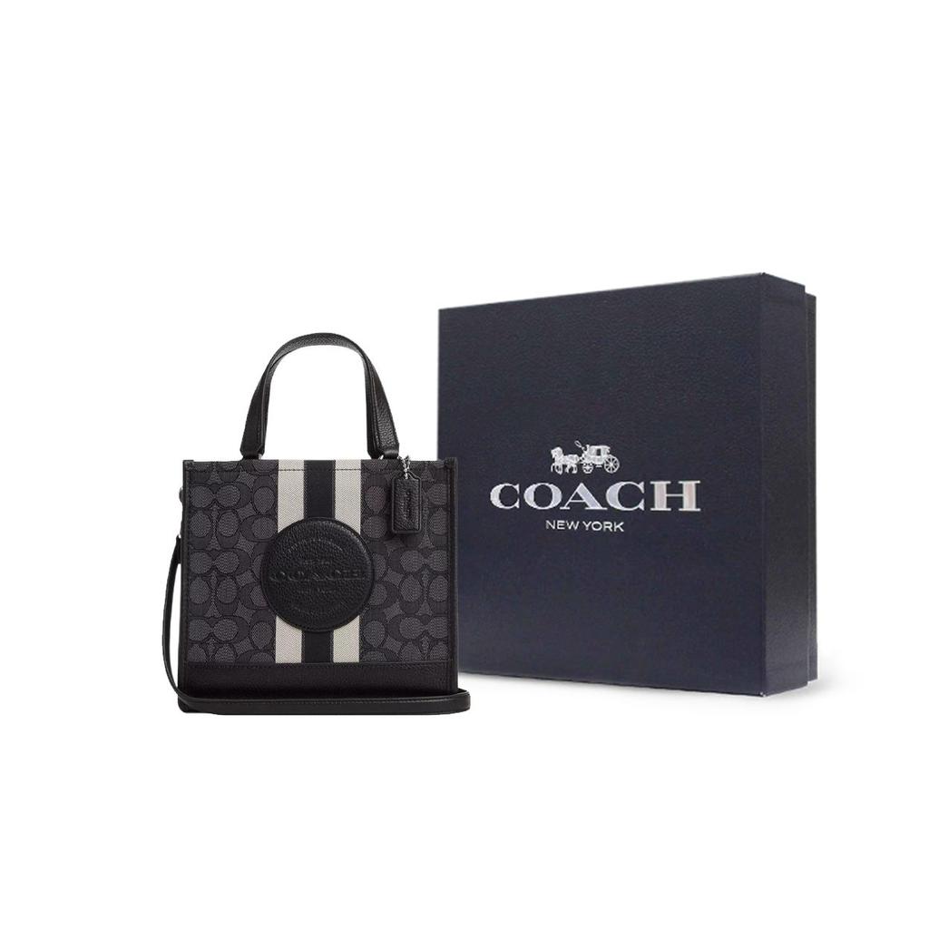 Coach Dempsey 22 Monogram Stripe Logo Decor Fabric With Leather Tote Bag Women tote Black CQ878-SVRT6