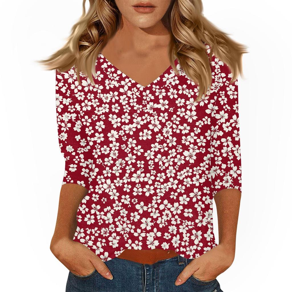 Women's Tops Three-quarter Sleeve Shirt V-neck Loose Casual Shirt Print T-shirt
