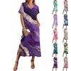 Женское платье с принтом, пляжное платье с коротким рукавом и карманами, повседневное платье с V-образным вырезом и разрезом сбоку