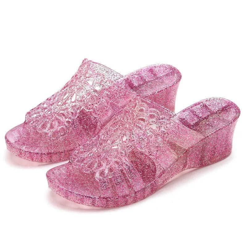 Сандалии женские летние на высоком каблуке с кристаллами на толстой подошве, модные прозрачные сандалии на наклонном каблуке, шлепанцы