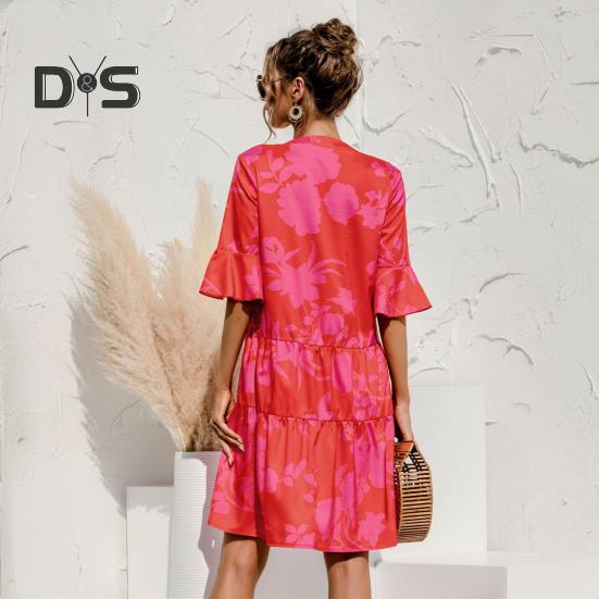 Женское летнее мини-платье с коротким рукавом и V-образным вырезом, плиссированное платье с принтом в стиле бохо, короткое платье-трапеция, пляжный многоярусный струящийся сарафан