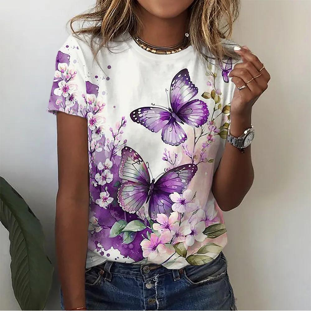 Summer Fashion Women's T-Shirt 3d Floral Print T Shirt Large Size Butterfly Top Woman Clothing Everyday Female Short Sleeve Tees