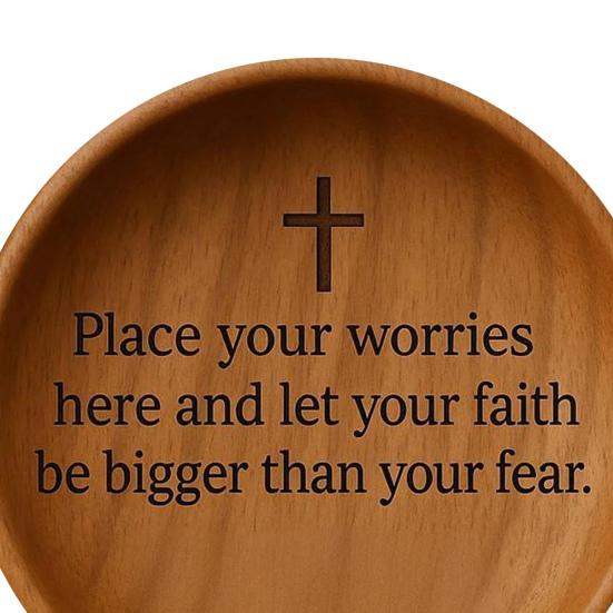 Wooden Prayer Bowl Handcrafted Round Dough Bowl with Carved Pattern Faith Based Encouragement Gift for Christian Prayer