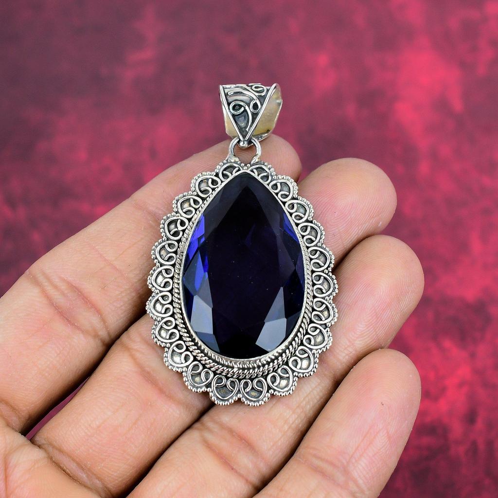 Подвеска с синим сапфиром, подвеска из драгоценного камня ручной работы, подвеска из стерлингового серебра 925 пробы, антикварные ювелирные изделия, для подарка на помолвку