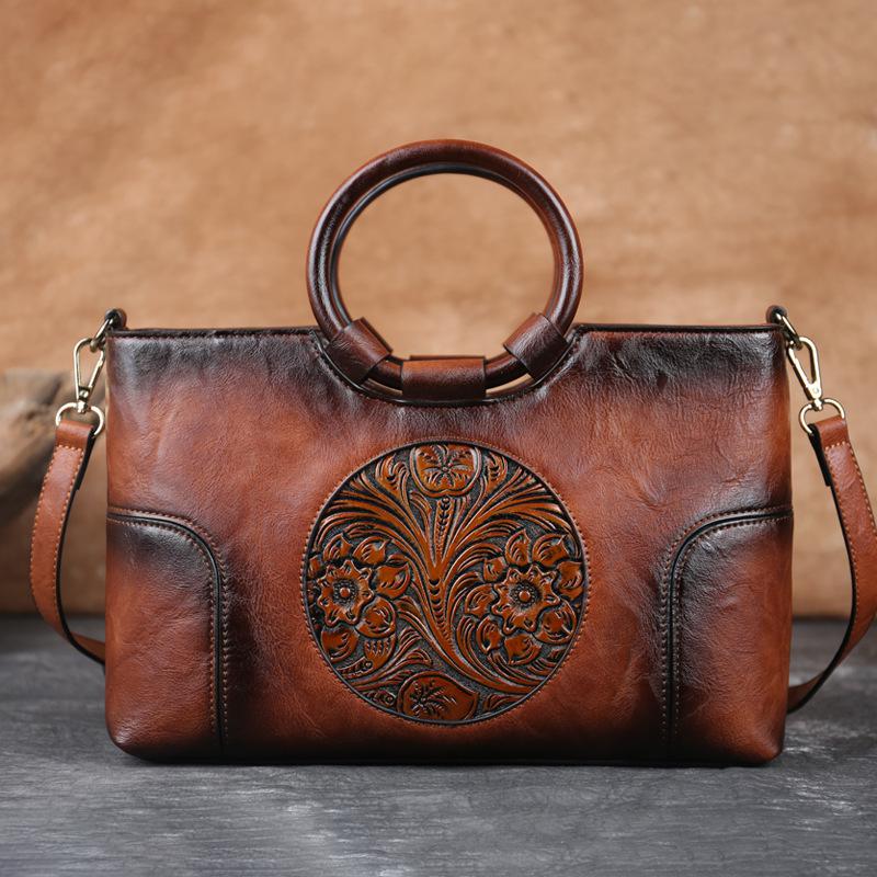 High Quality Leather Women Bag Retro Handmade Embossed Shoulder Bags Large Capacity Female Messenger Bag