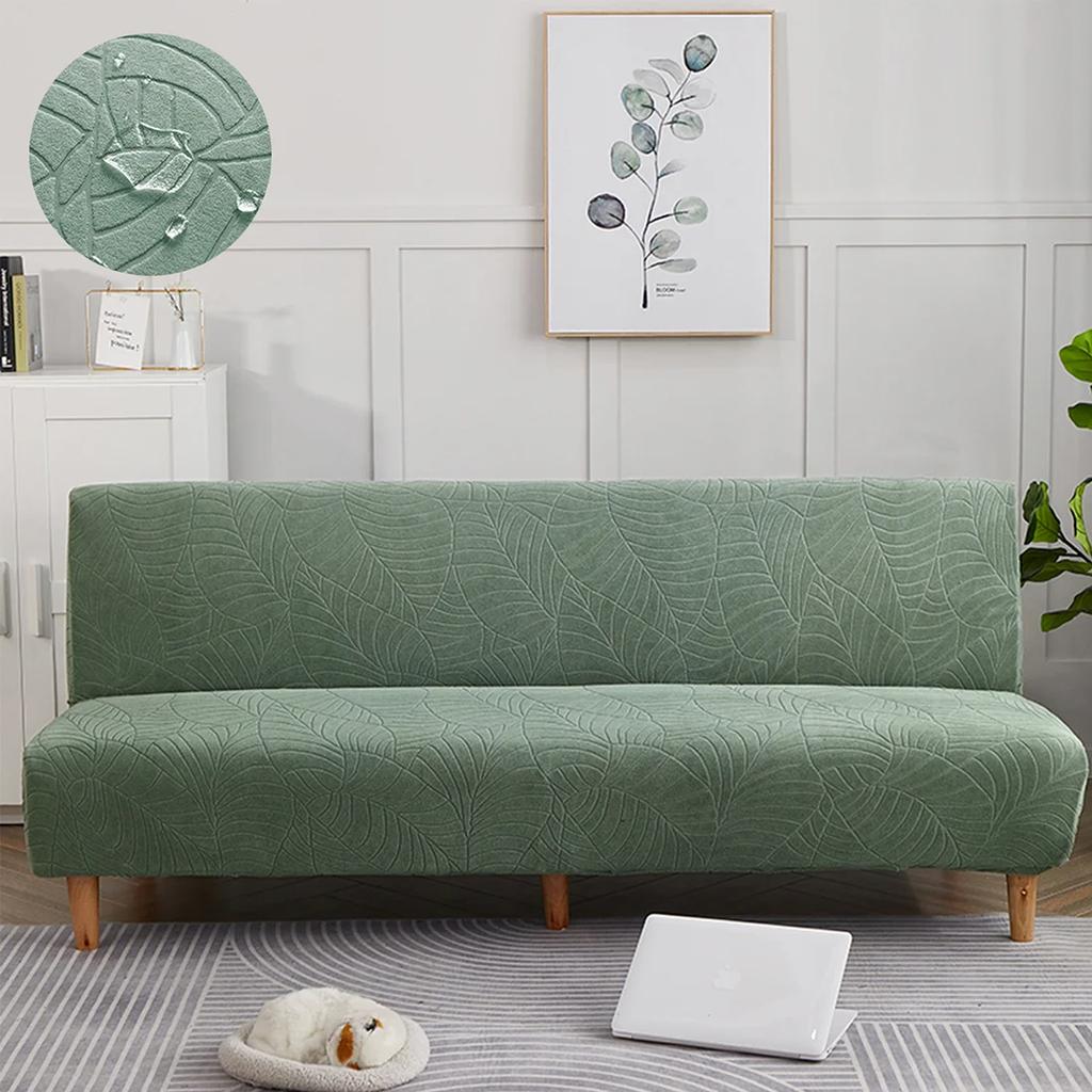 1Pc Large Size Water Resistant Leaf Texture Jacquard Stretch Armless Sofa Bed Cover Spandex Non Slip Soft Couch Slipcover