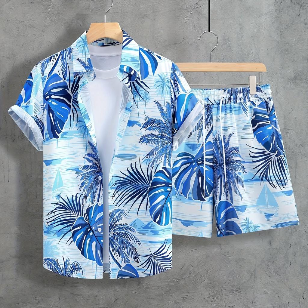 Coconut Tree Print Men's Short-sleeved Shirt And Beach Shorts Set Summer Everyday Men's Casual Shirt And Beach Pants
