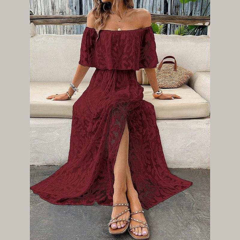 Женское летнее повседневное белое платье с открытыми плечами и вышитым кружевом с высоким разрезом