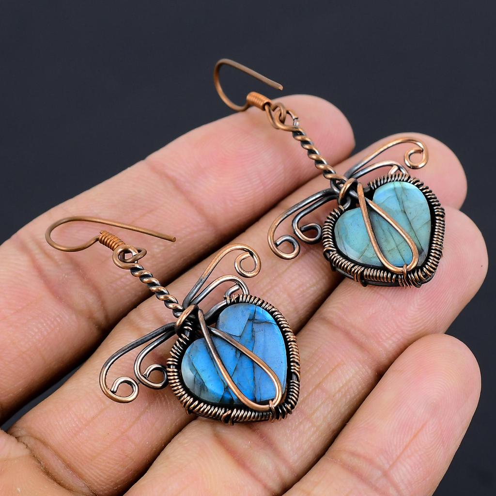 Серьги из лабрадорита, обернутые медной проволокой 999 пробы, Ювелирные изделия с драгоценными камнями ручной работы, Подарки для жены, Совершенно новые серьги