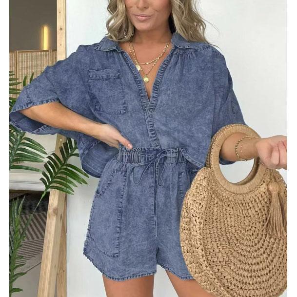 Summer Simple Fashion Pocket String Casual Loose Tops Shorts Sets Fashion Vintage Women Denim 2 Piece Set