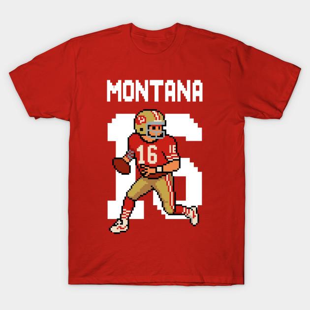Asian Size Men Black Print T-shirt Joe Montana 49Ers Retro Pixel Quarterback Throwback Art No-Cut Heat Transfer Print Cotton Tshirt