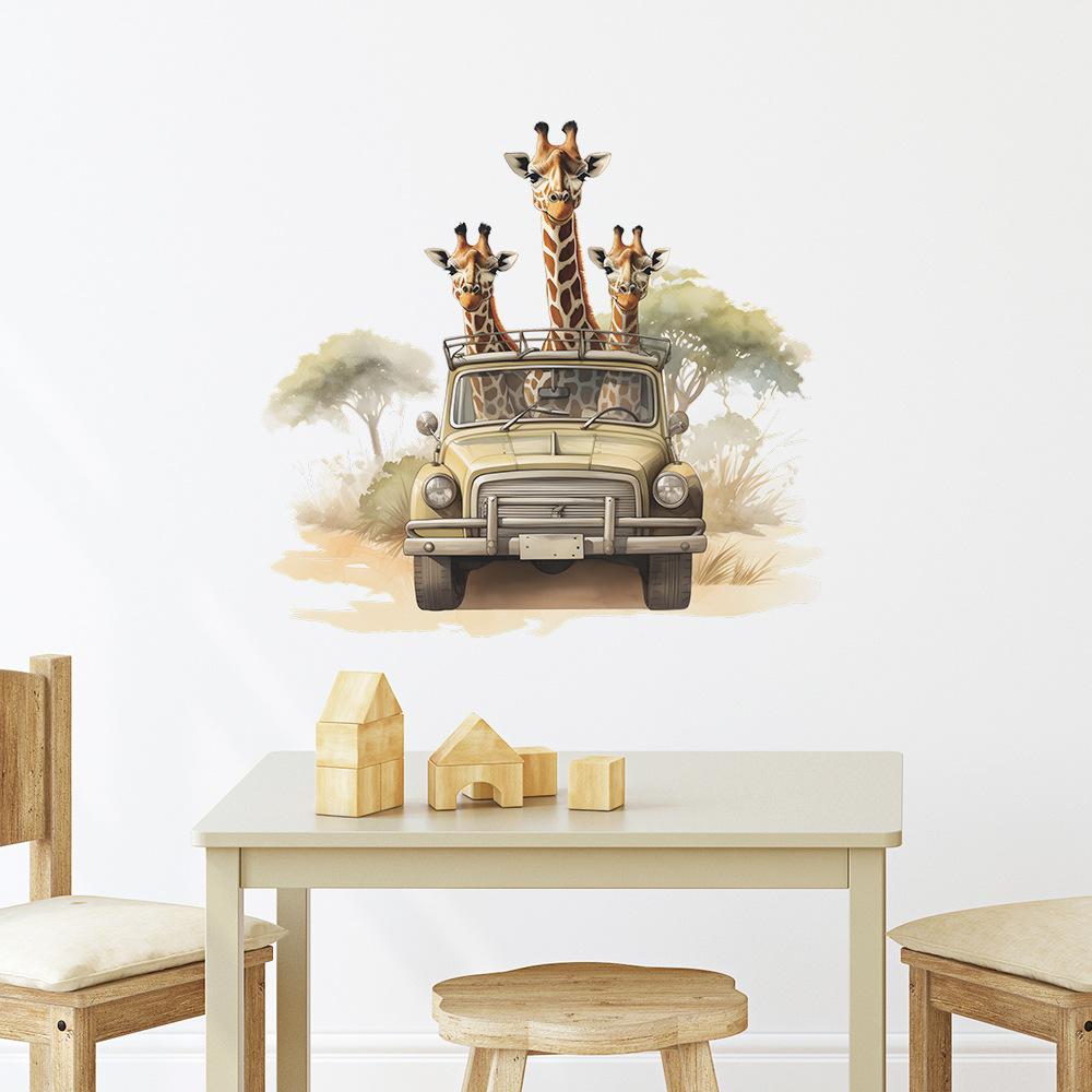 Мультфильм Три жирафа Автомобиль Детская Спальня Гостиная Украшения Стены Наклейки На Стены
