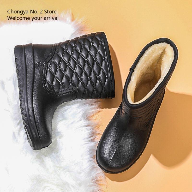 Waterproof Fleece Snow Boots Women's Mid-calf Water Boots Warm Water Boots Women's Rubber Shoes Kitchen Cotton