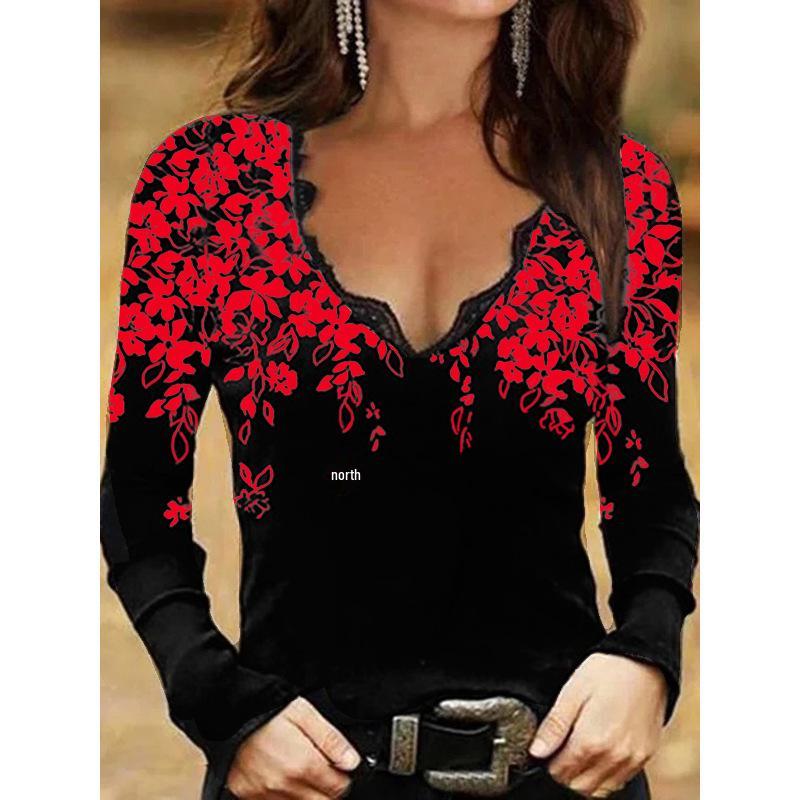Женская футболка с V-образным вырезом, цветочным принтом и длинными рукавами, осень/зима 2023
