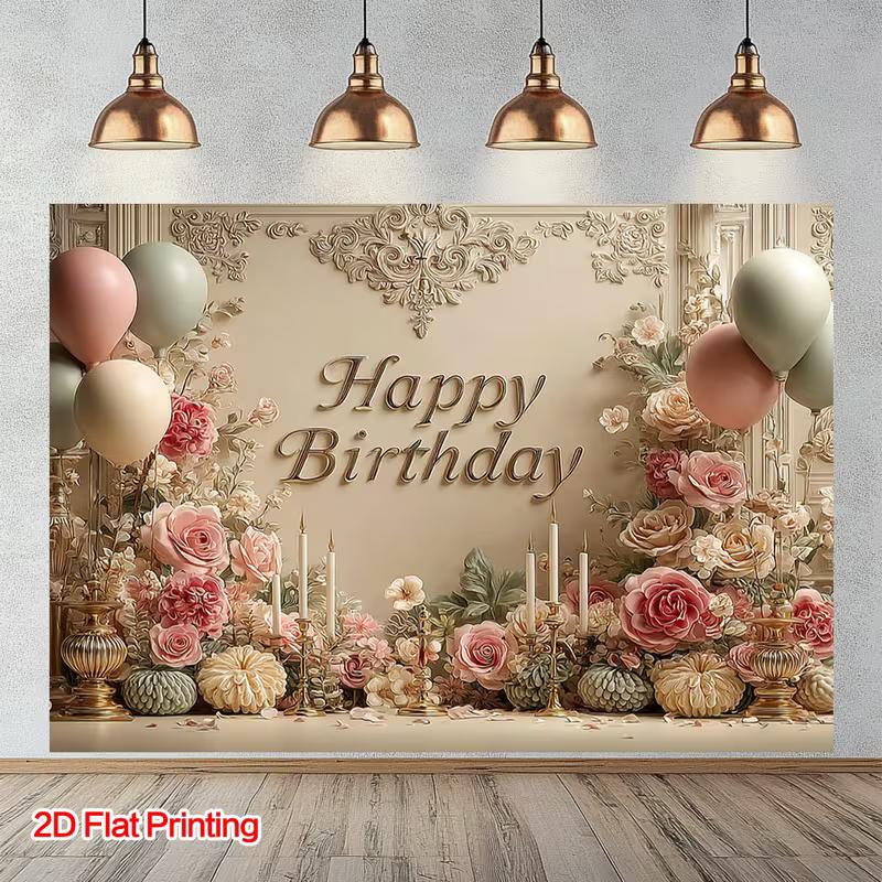 2D Elegant Floral Birthday Backdrop, Retro Ornate Wall Banner, Adult Birthday Party Decor