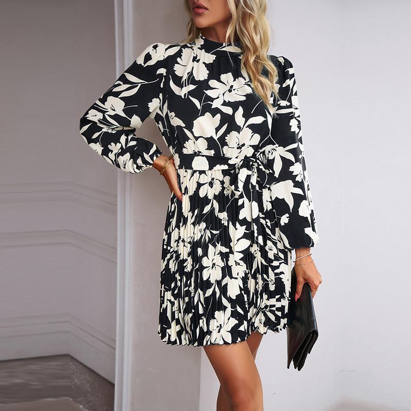 Dress New Holiday Casual Long Sleeve O Neck Tie Pleated Short Dress