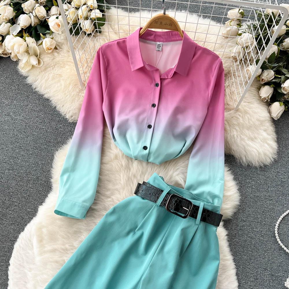 RUGOD Европейская и американская мода подходит женским градиентным рубашкам с длинными рукавами, женским повседневным прямым широким брюкам