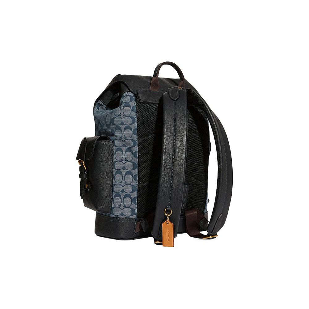 Coach Blue Signature Canvas Black Leather Trim Large Flap Backpack with Side Pockets for Daily Use