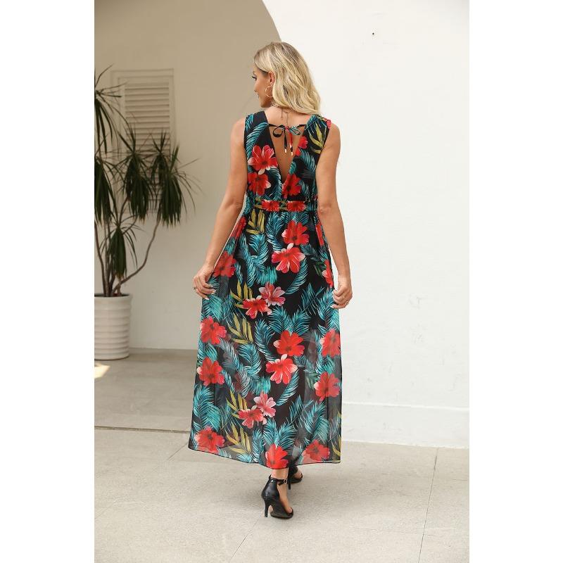 YYFS Women's Fashion Summer Spring Flower Pattern Print Sleeveless V-Neck High Waist Casual Dresses