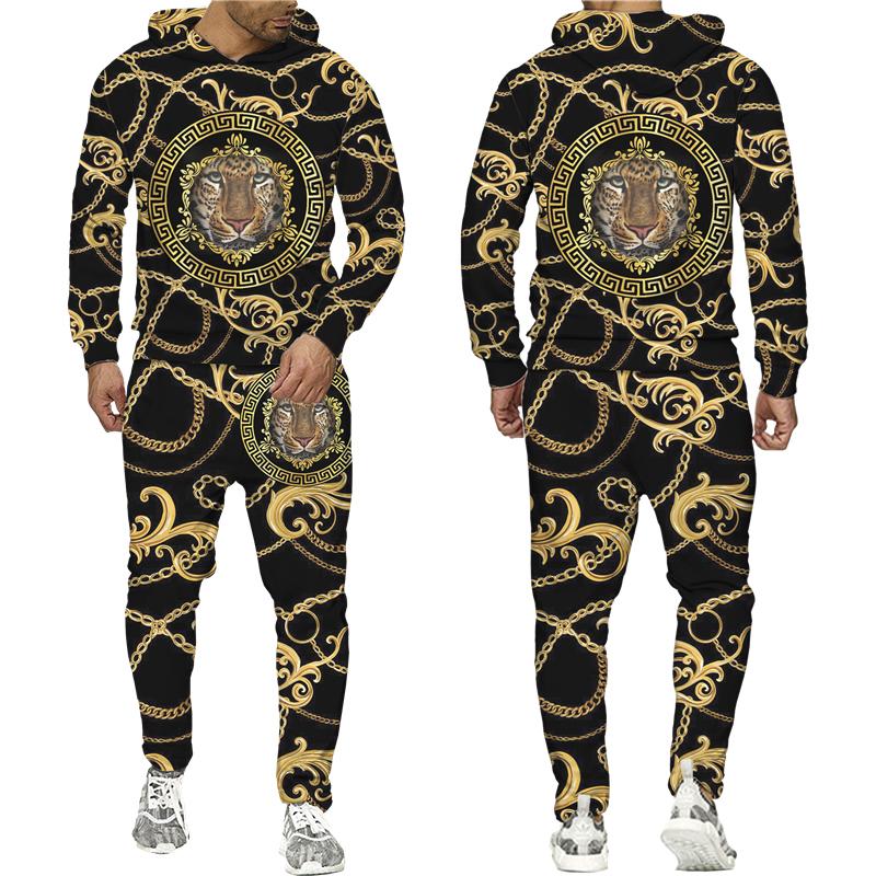 Golden Lion 3D Printed Hoodie Pants Suit Men's Casual Graphic Streetwear Pullover Sweatshirt Outfits Set Hip Hop Cool Tracksuits