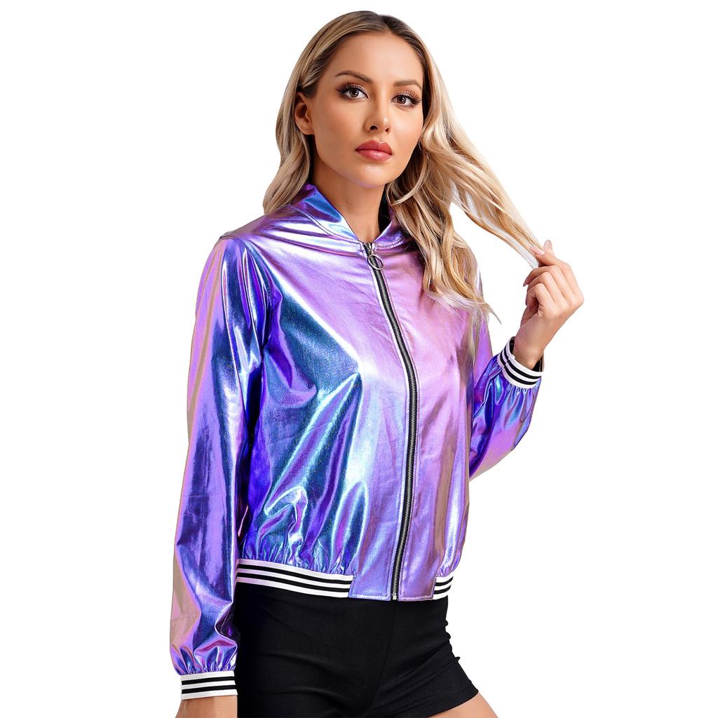 Women's Sparkly Holographic Lightweight 90S Shiny Metallic Long SleeveBomber Jacket