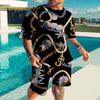 Trendy Men's Summer Suit Casual Ethnic Style 3D Printed Sportswear Short-sleeved Suit Oversized Round Neck T-shirt 2-piece