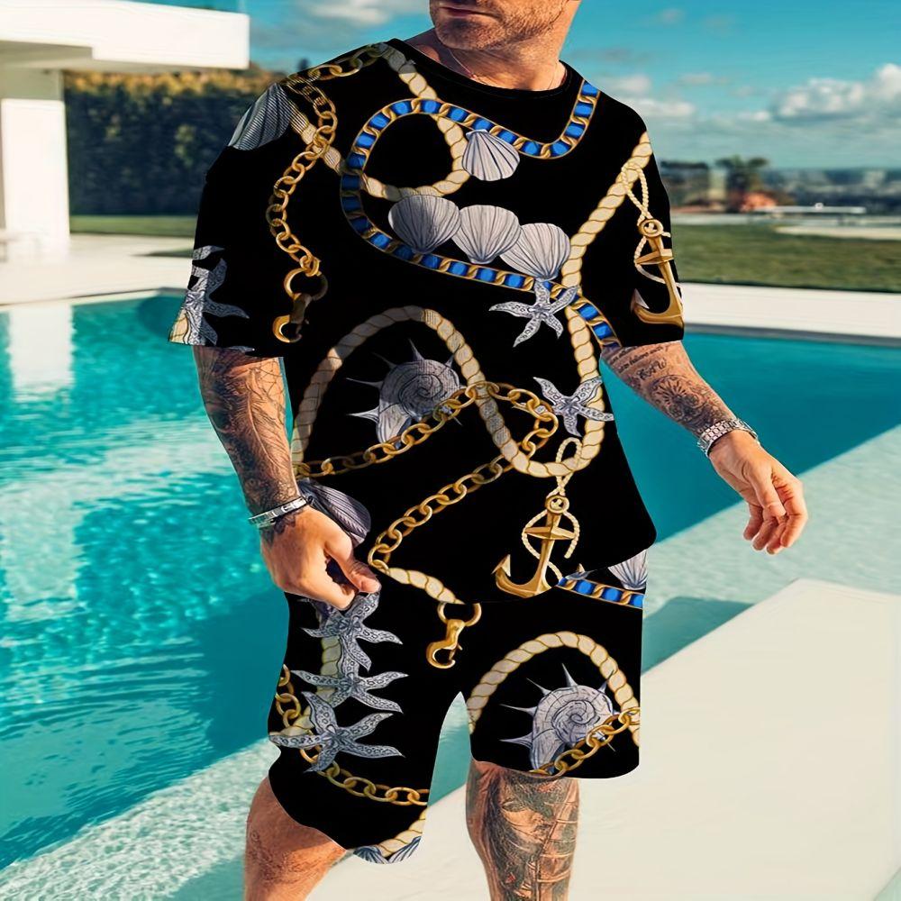 Trendy Men's Summer Suit Casual Ethnic Style 3D Printed Sportswear Short-sleeved Suit Oversized Round Neck T-shirt 2-piece