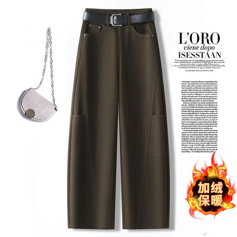 Army green velvet scimitar jeans women's winter new high-waisted loose and thin wide-leg pants thickened trousers