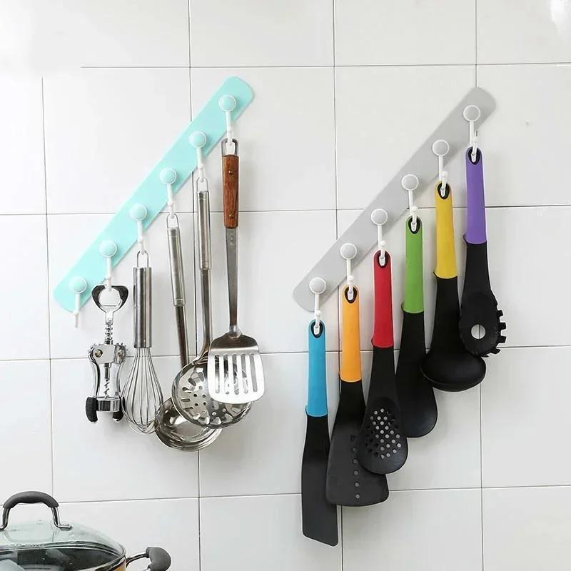 Household Kitchen Adjustable Wall Door Hanger Rack Multifunction Kitchen Storage Holder 6 Hooks Spoon Scoop Bathroom Organizer