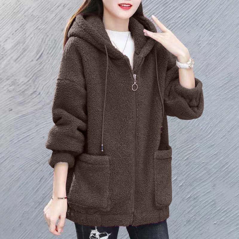 Women Hooded Coat Chic Fleece Thick Solid Color Pockets Long Sleeves Loose Warm Plush Zipper Cardigan Outdoor Autumn Winter New