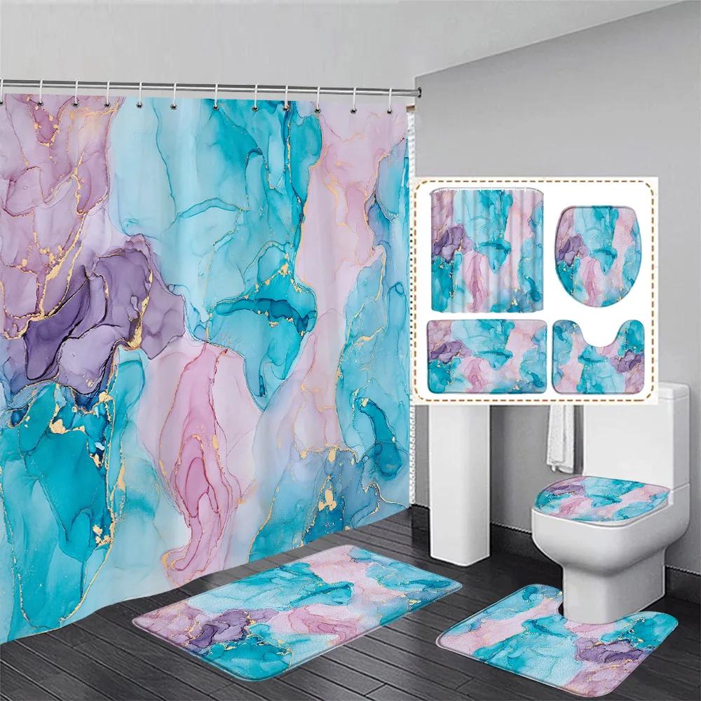 Горячий Мрамор Набор Занавесок для Душа Креативное Искусство Акварельными Чернилами Геометрический Современный Декор для Ванной Комнаты Коврик для Пола Коврики для Ванной Крышка для Унитаза
