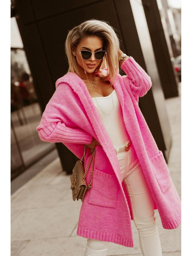 Осенне-зимний длинный кардиган с капюшоном, отложным воротником и вязаным узором с буквами