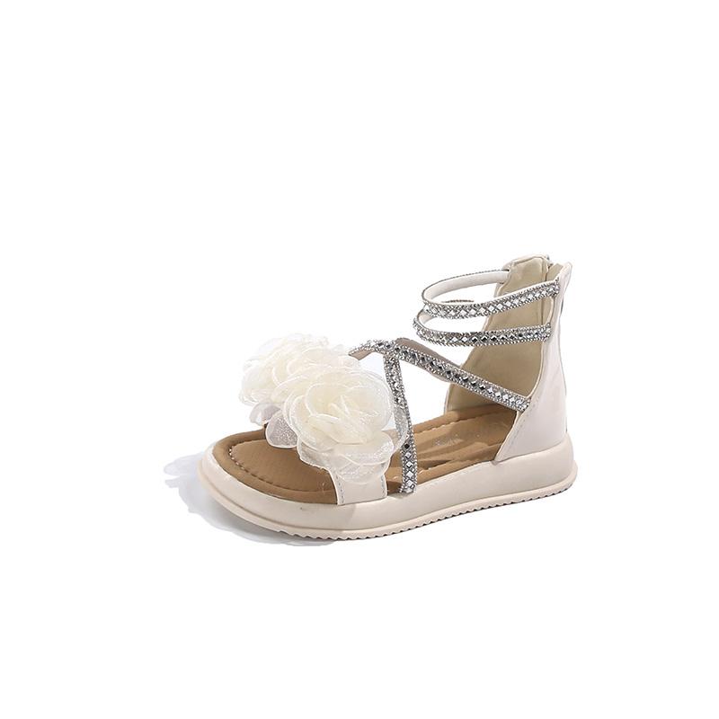 Сандалии принцессы для девочек с цветами, летняя мода, детская обувь со стразами, мягкая подошва, гладиаторские сандалии для больших детей
