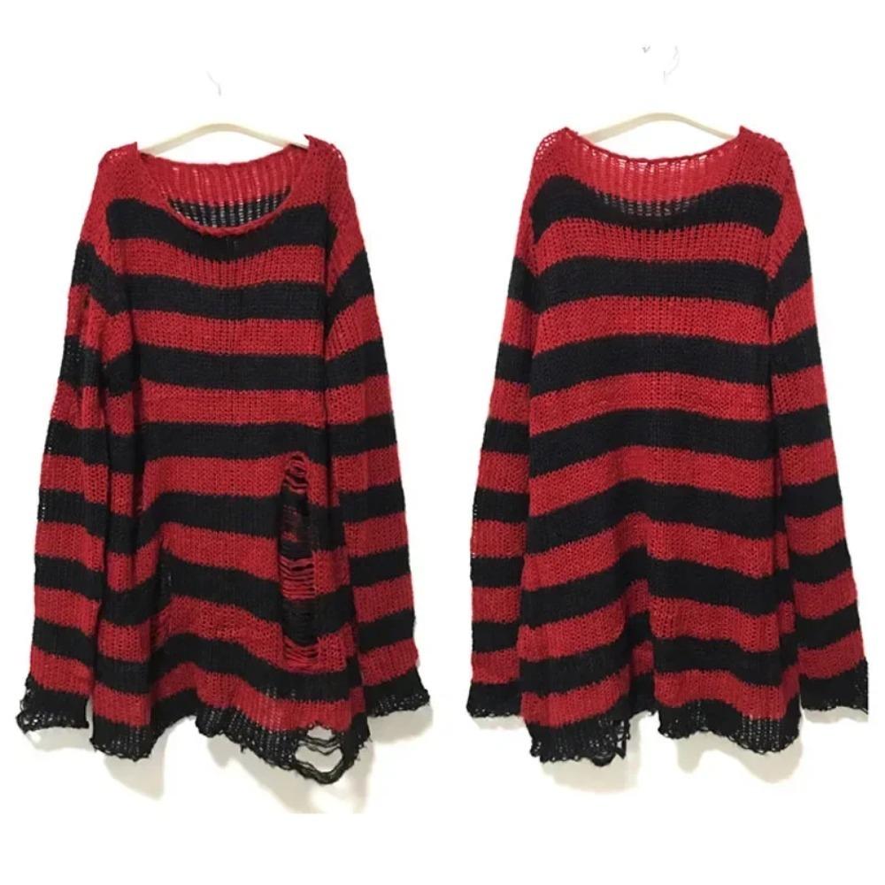 New Goth Punk Gothic Sweater Oversized Pullovers Women Striped Cool Hollow Out Hole Broken Jumper Harajuku Aesthetics Sweater