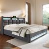 Upholstered Bed with USB 140x200cm, LED Double Bed with Slatted Frame Made of Metal, Bed Frame Made of Linen Material, Youth Bed (Without Mattress)