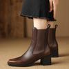 2025 New Split Leather Boots Women Square Toe Elastic Band Chunky High Heels Autumn Winter Ankle Boots Ladies Office Dress Shoes